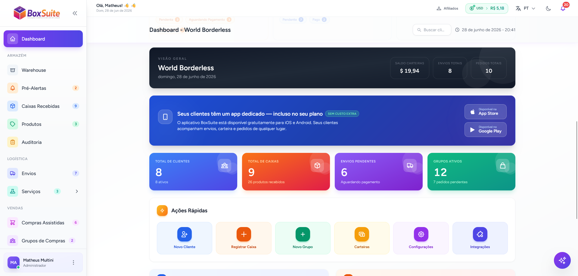 Painel administrativo BoxSuite